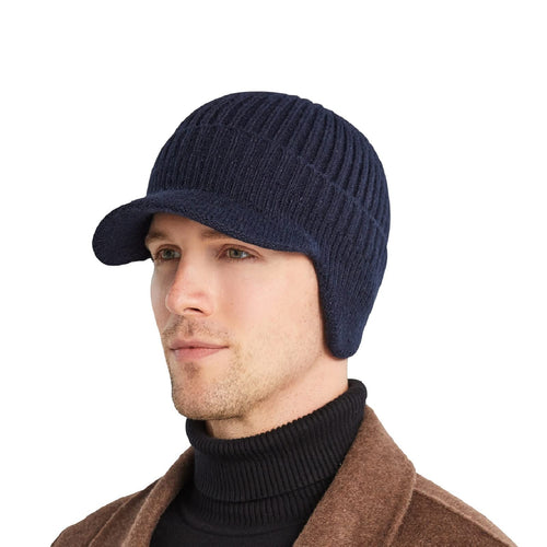 AkiiGer Mens Winter Hat with Brim Warm Earflaps Hat for Men Thick Fleece Lined Knit Winter Beanie Outdoor Claret