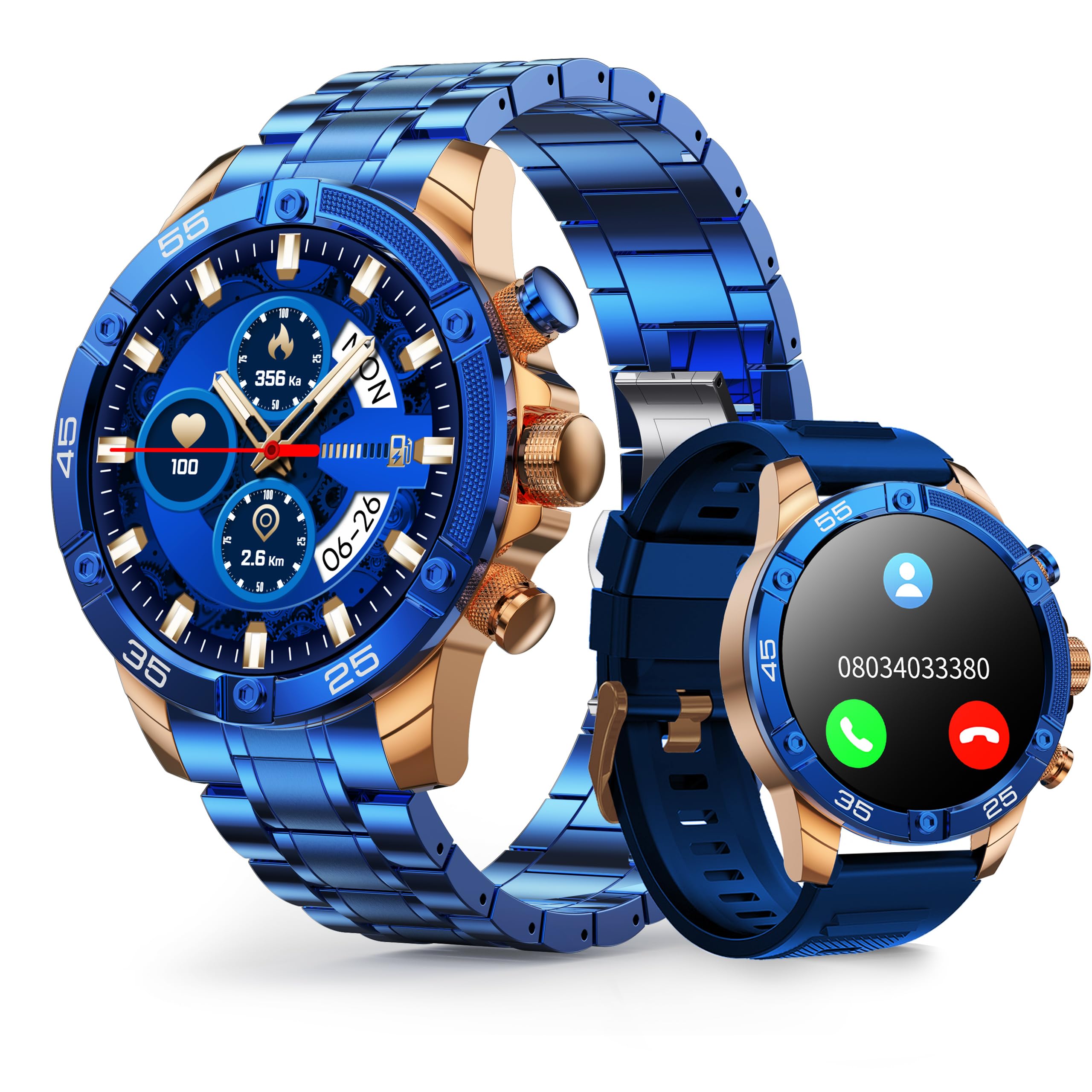 Smartwatch for Men 1.53-Inch Luxury Business Sports & Fitness Mens Watch IP67 Water Resistant 440mAh Extended Standby Multi-Sport Mode and Monitor Supports IOS 8.0 and Android 4.4 (Steel Blue)