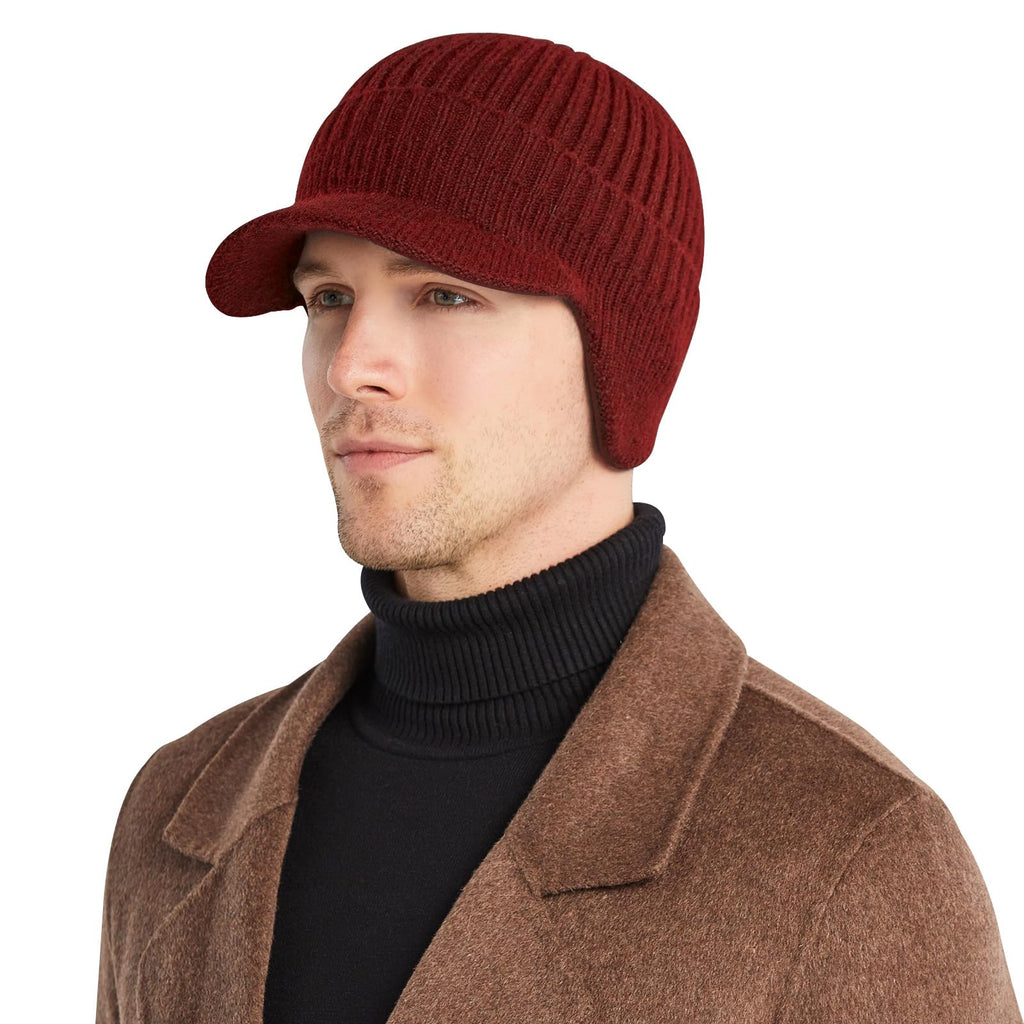 AkiiGer Mens Winter Hat with Brim Warm Earflaps Hat for Men Thick Fleece Lined Knit Winter Beanie Outdoor Claret