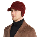 AkiiGer Mens Winter Hat with Brim Warm Earflaps Hat for Men Thick Fleece Lined Knit Winter Beanie Outdoor Claret